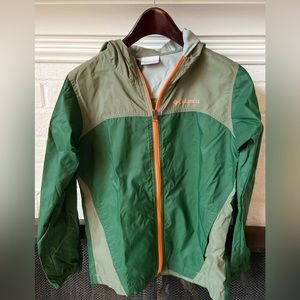 Columbia Hooded Rain/Wind Jacket, size Medium (10/12), Green w/ Orange Zipper